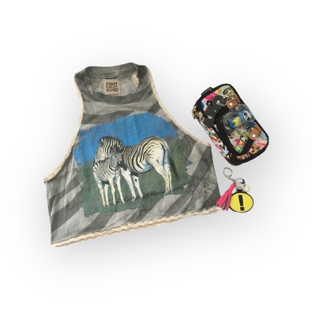 new LF Furst of a Kind ϟ Vintage Upcycled Zebra Graphic Lace Trim Tank Tee ϟ 0-4 - Picture 9 of 15